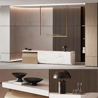 Elegant Modern Reception Desk With Marble Countertop And Wooden Slat Wall Decor 3d model