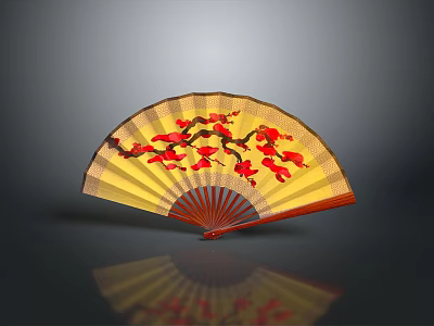 Traditional Chinese Folding Fan with Red Plum Blossom Pattern Yellow Surface and Red Ribs 3d model