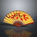 Traditional Chinese Folding Fan with Red Plum Blossom Pattern Yellow Surface and Red Ribs
