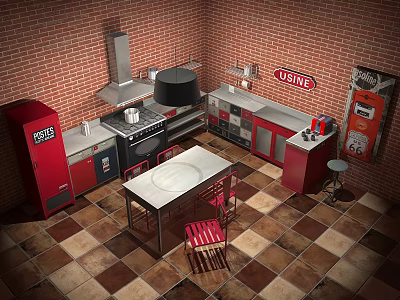 Vintage Kitchen With Red Brick Walls Red Refrigerator Black Stove White Island Counter And Red Chairs 3d model
