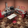 Industrial Kitchen American Furniture Red Dining Table Kitchen Utensils 3d model