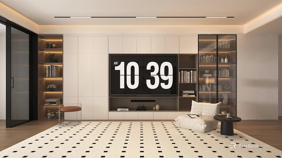 Modern Living Room TV Stand With White Storage Cabinets Bookshelves TV Patterned Rug And Bench 3d model 