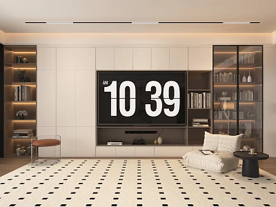 Modern Living Room TV Stand With White Storage Cabinets Bookshelves TV Patterned Rug And Bench 3d model