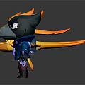 Two Cartoon Bird Like Creatures With Yellow Flame Wings And Blue Beak In Blue Clothing