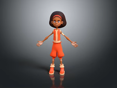 Cute Child Character In Orange Outfit And Orange Shoes With Open Arms Standing Pose 3d model