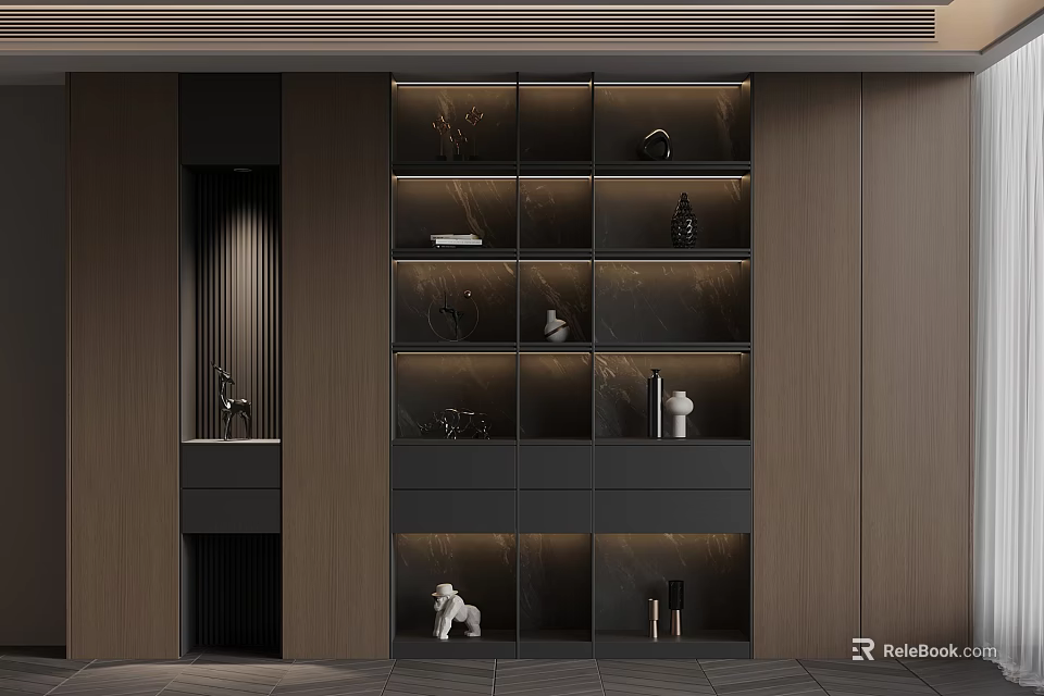 Modern Interior Display Unit With Shelves Wooden Cabinets And Decorative Ornaments 3d model 