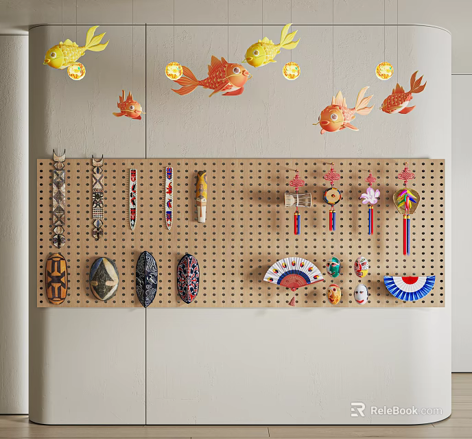 Assorted Wall Hangings Displayed on Indoor Pegboard with Small Decorative Items 3d model