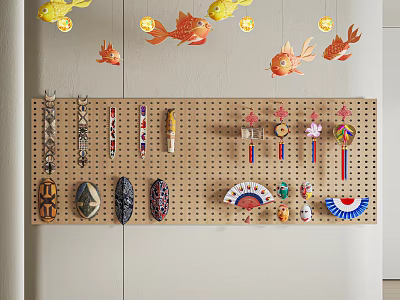 Assorted Wall Hangings Displayed on Indoor Pegboard with Small Decorative Items 3d model