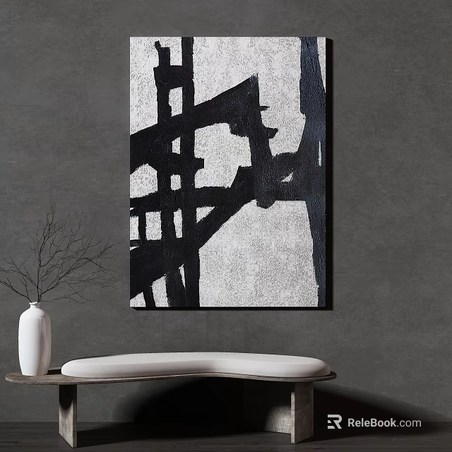 Black And White Abstract Painting On Gray Wall With White Vase Twigs And Bench 3d model 