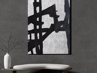 Black And White Abstract Painting On Gray Wall With White Vase Twigs And Bench 3d model