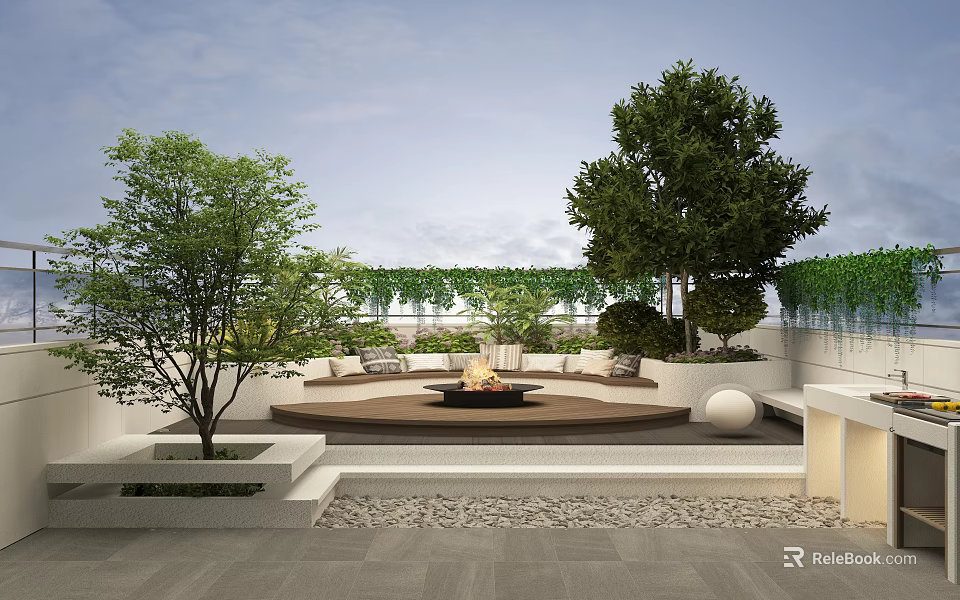 Rooftop Garden With Green Plants Trees Circular Seating Area Fire Pit And Stone Flooring 3d model 