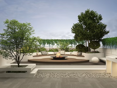 Rooftop Garden With Green Plants Trees Circular Seating Area Fire Pit And Stone Flooring 3d model