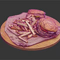 Juicy Beef Burgers with Fresh Vegetables and Crispy Fries on Wooden Tray