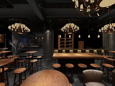 Rustic Bar Interior With Hanging Chandeliers Wooden Round Tables Stools And Wine Shelves 3d model