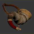 Decorative Horn Shaped Household Item With Golden Accents And Red Leather Strap