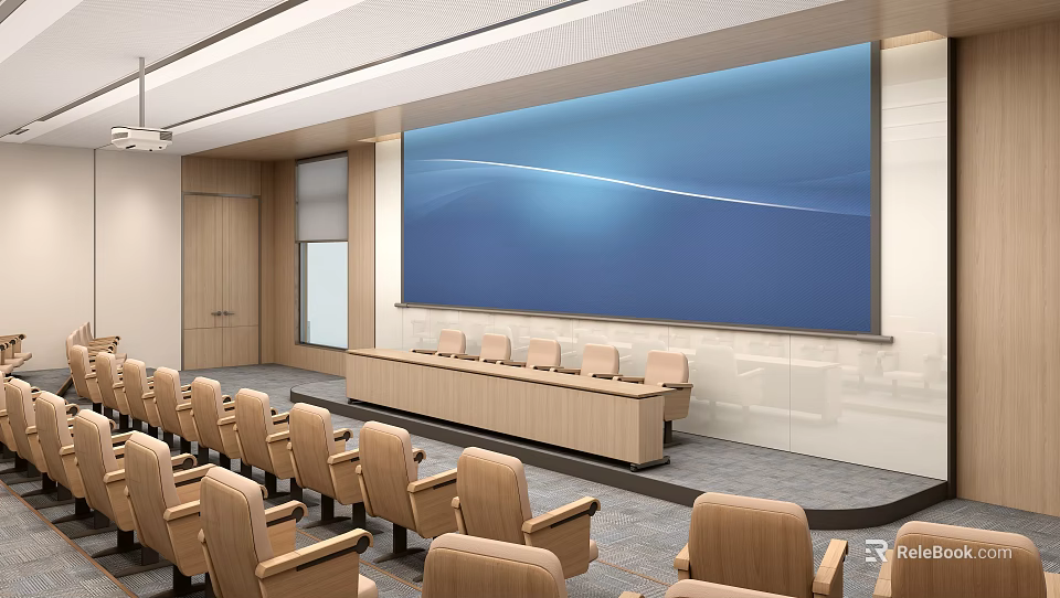Spacious Conference Room Interior With Large Blue Screen And Wooden Chairs 3d model 