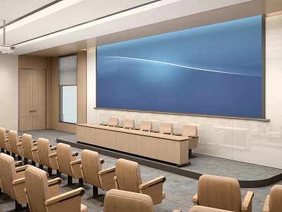 Spacious Conference Room Interior With Large Blue Screen And Wooden Chairs 3d model