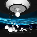 Futuristic Interior Scene with White Spherical Objects Blue Wavy Lines Reflective Floor and Circular Lamp