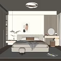 Modern Minimalist Bedroom Interior Design With White Bed Abstract Art And Round Mirror Dresser