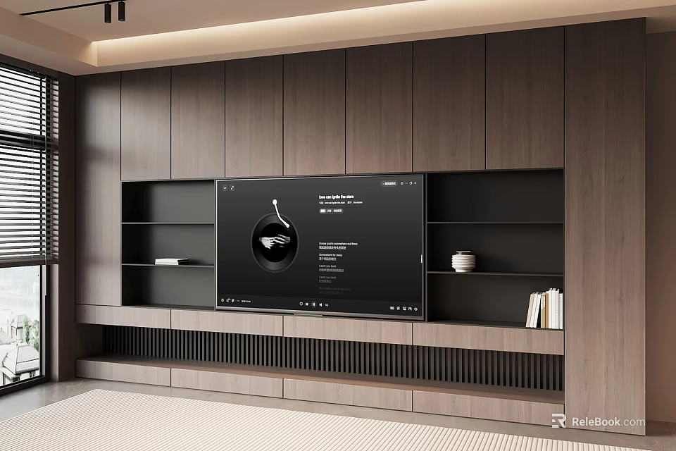 Modern TV Background Wall With Built in TV Open Shelves And Wooden Panels 3d model 