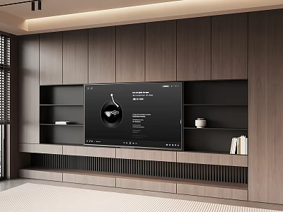 Modern TV Background Wall With Built in TV Open Shelves And Wooden Panels 3d model