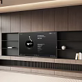 Modern TV Background Wall With Built in TV Open Shelves And Wooden Panels