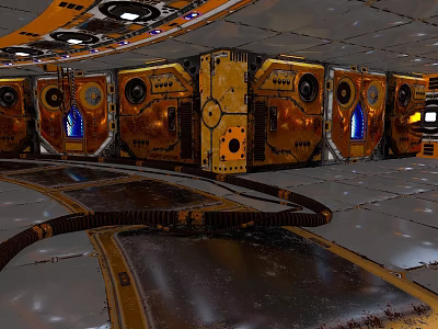 Sci Fi Style Futuristic Cartoon Scene With Yellow Machines Round Windows And Black Cables 3d model