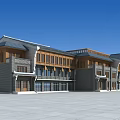 Traditional And Modern Commercial Complex With Chinese Style Roof Wooden Exterior And Large Glass Windows
