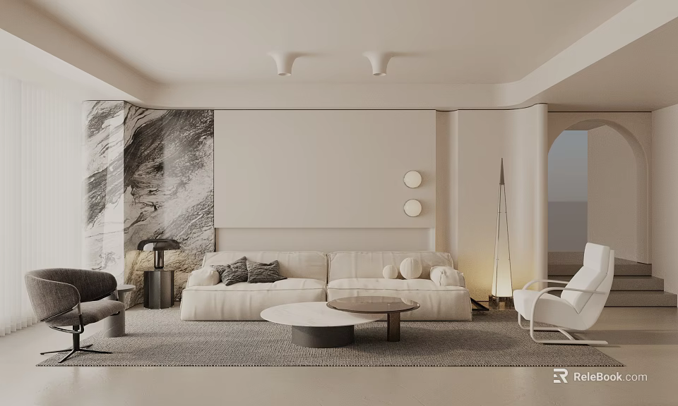 Modern Living Room Interior Design With Comfortable Sofa Round Coffee Table And Decorative Lamps 3d model 