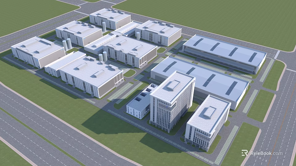 Modern Industrial Park With Well Arranged Buildings Green Areas And Road Network 3d model 