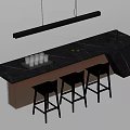 Modern Black Marble Bar Counter With Hanging Light Three Black Stools Glasses And Green Fruits