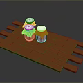Colorful Jars With Red And Blue Lids On Brown Wooden Tray