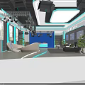 Modern School Interior Space With Blue Lighting Sofa Round Seats Large Screens And Green Plants