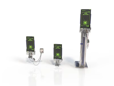 Electronic Devices With Green Screens Metal Bases And Connecting Cables In Various Heights 3d model