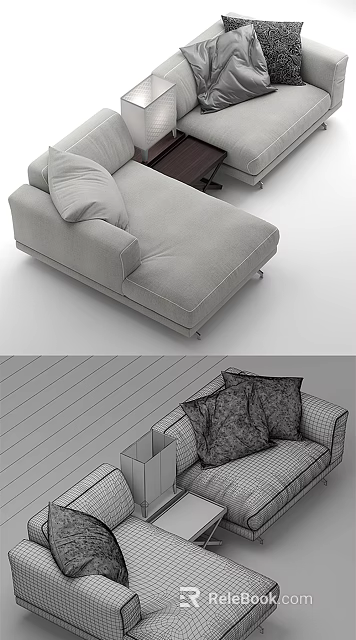 Modern Gray Fabric Sofa Set with Checkered Pillows and Plush Seating Design 3d model 