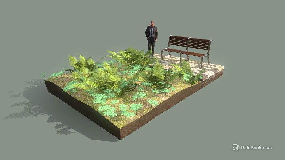 Outdoor Public Bench Surrounded by Green Plants and Ferns on Stone Pavement 3d model 