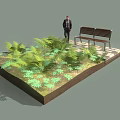 Outdoor Public Bench Surrounded by Green Plants and Ferns on Stone Pavement