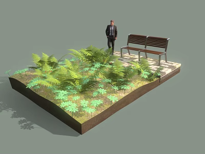 Outdoor Public Bench Surrounded by Green Plants and Ferns on Stone Pavement 3d model