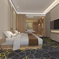 Hotel Guest Room With Twin Beds Artwork Paneled Walls And Patterned Carpet