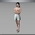 Woman Standing With Arms Crossed In Pink Top White Shorts And Sandals Against Gray Background 3d model
