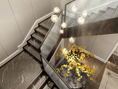 Modern Staircase Interior With Glass Railing Marble Floor Pendant Lights And Yellow Flowers 3d model
