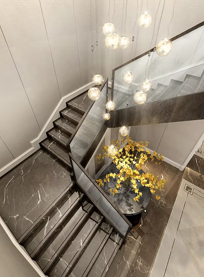 Modern Staircase Interior With Glass Railing Marble Floor Pendant Lights And Yellow Flowers 3d model