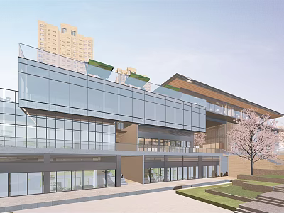 Modern Commercial Street Architecture With Glass Curtain Walls Green Plants And Cherry Blossom Tree Plaza 3d model