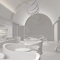 Modern Restaurant With Curved Wooden Ceiling Circular Pendant Lights Circular Booths And City Skyline View