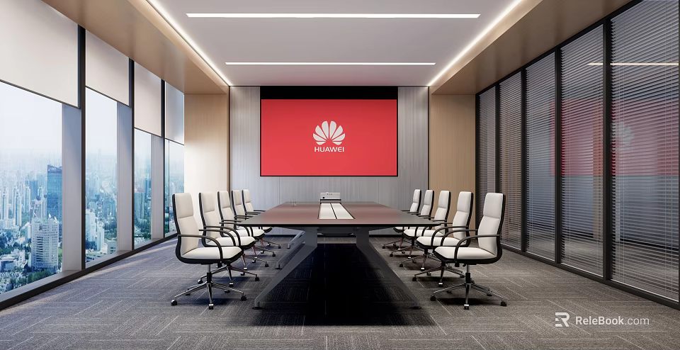 Modern Conference Room with Long Table White Chairs Large Screen Huawei Logo and City View 3d model 