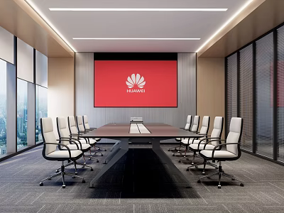Modern Conference Room with Long Table White Chairs Large Screen Huawei Logo and City View 3d model