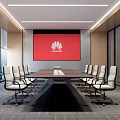 Modern Conference Room with Long Table White Chairs Large Screen Huawei Logo and City View