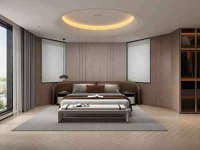 Modern Bedroom Interior Design With Wooden Walls Circular Ceiling Light And Large Windows 3d model