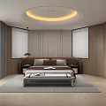 Modern Bedroom Interior Design With Wooden Walls Circular Ceiling Light And Large Windows