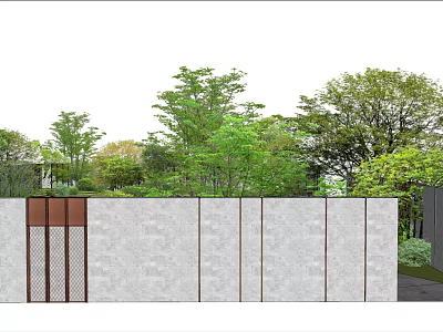 Garden Landscape Design With White Brick Wall And Lush Green Trees 3d model